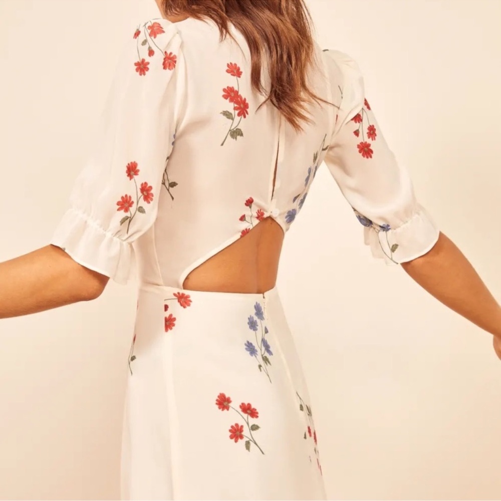 Reformation Cream Mini Dress with Red & Blue Floral - Picture 2 of 5